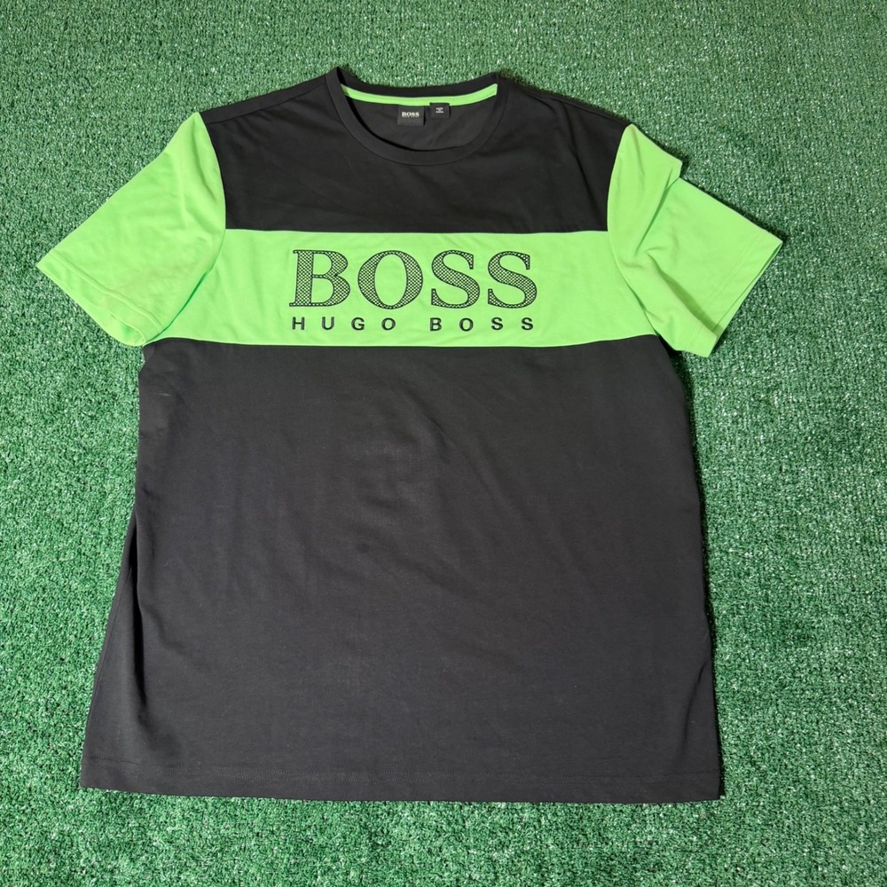 Hugo Boss Mens T-Shirt Black Lime Green Colorblock Logo Graphic Tee Size M